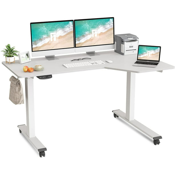 55 Inches Height Adjustable Corner Desk Black Frame Walnut Top Full Sit Stand Home Office Table with Blue Shining Controller LINSY L Shaped Electric Standing Desk 